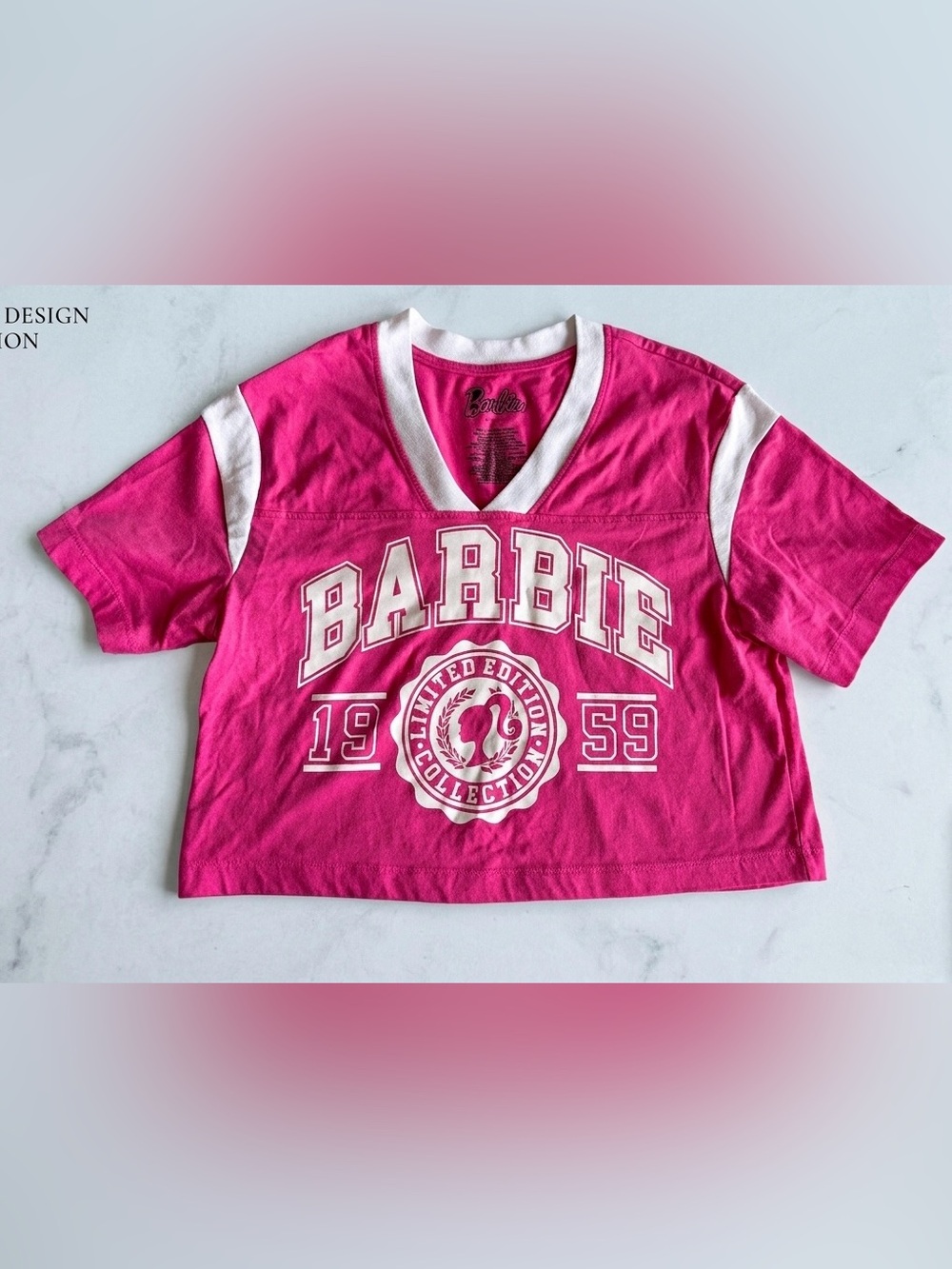 Barbie Crop Top Pink White Football  Jersey Tee 1959 Limited Ed Y2K McBling S